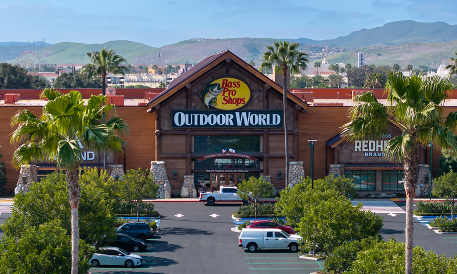 Storefront view of Bass Pro Shops at Alton Marketplace in Irvine, California